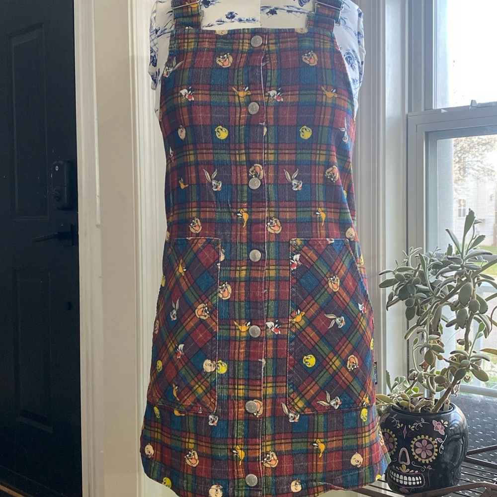 Teddy Fresh Looney Tunes snap button plaid overalls skirt dress size small